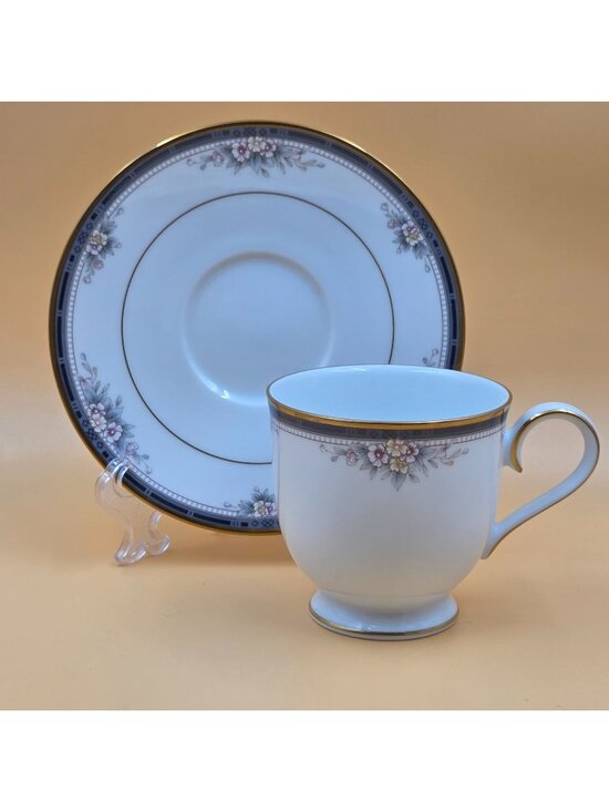 Noritake Other - Noritake Ontario Footed Cup and Saucer Set of 3 Blue Gray Band White Pink Flower